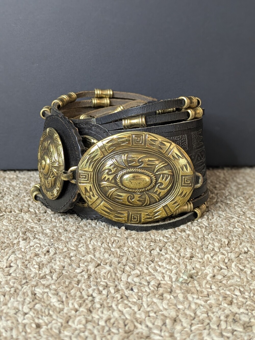 Vintage 1987 Statement Waist Belt Brown Embossed Leather Gold Medallion Spain